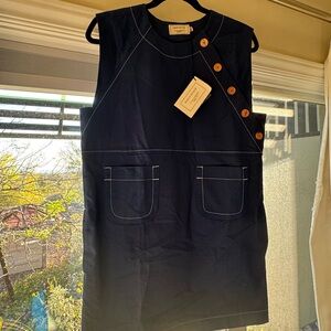 Brand New Maison Kitsune Navy Button-Side Shift Dress with Patch Pockets